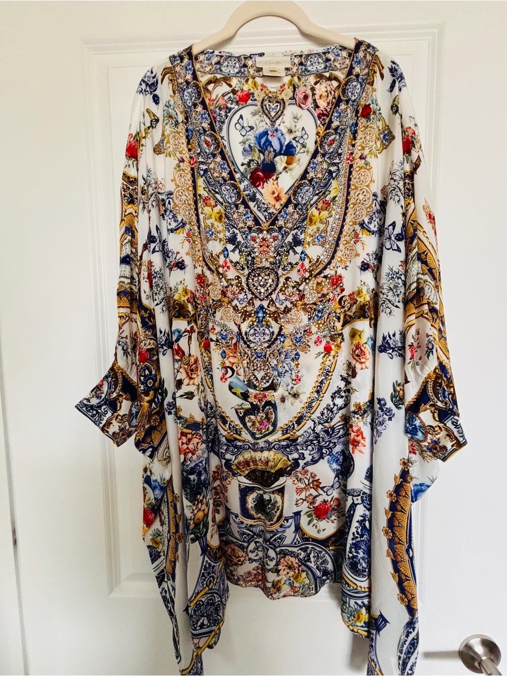 NEW CAMILLA silk white Tunic Dress blue gold red floral print. ONE SIZE FITS ALL